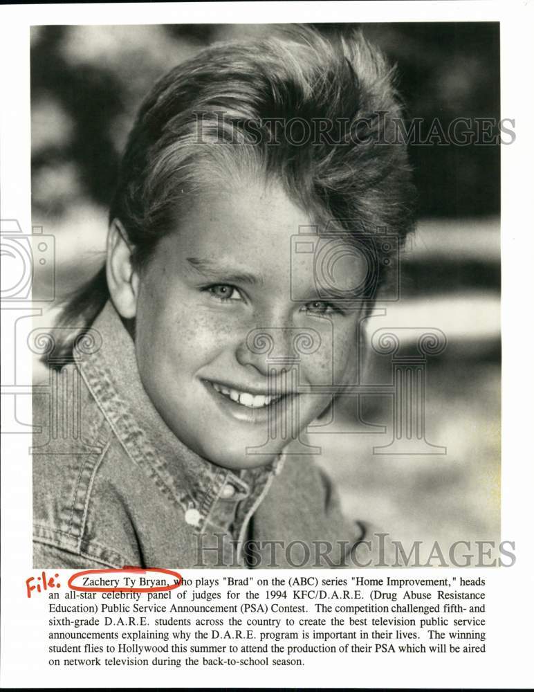 1994 Press Photo Actor Zachery Ty Bryan of "Home Improvement" television series - Historic Images