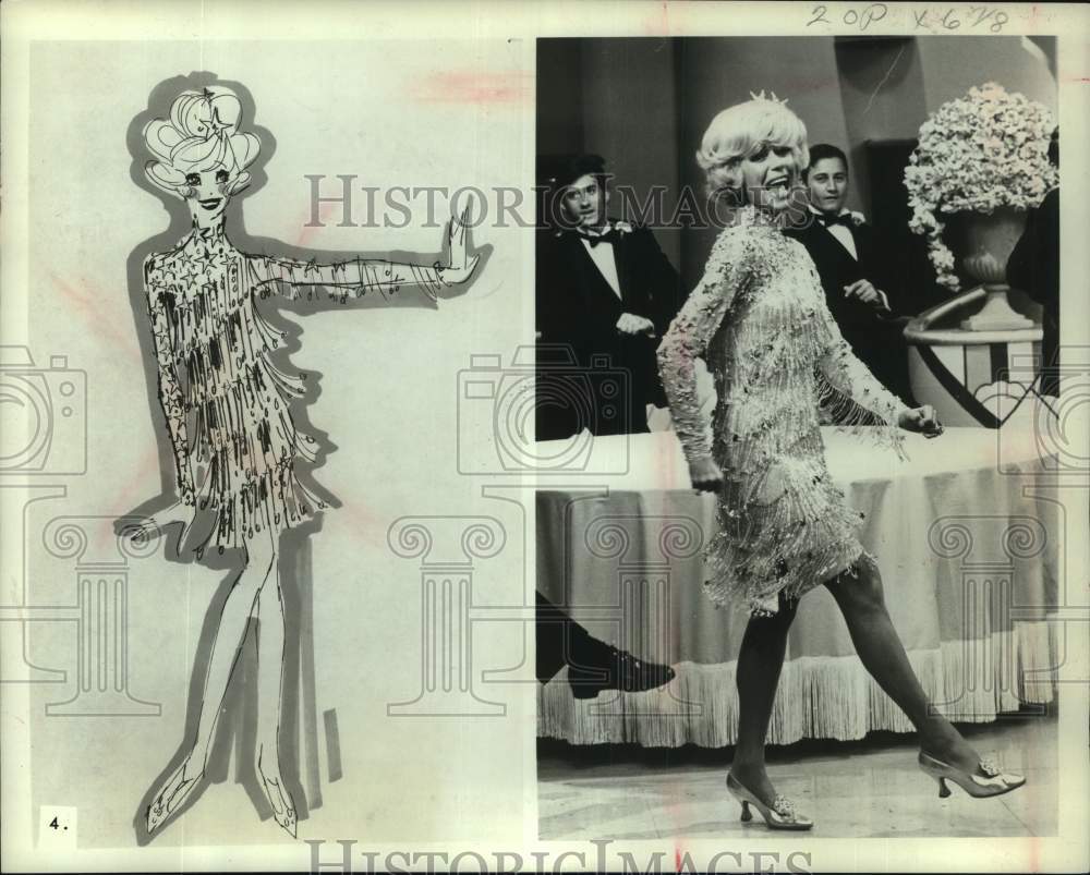 1967 Press Photo Carol Channing in fringed jazz baby dress from &quot;Millie&quot; - Historic Images