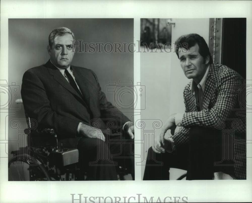 1986 Press Photo Actors Raymond Burr and James Garner in film scenes - Historic Images