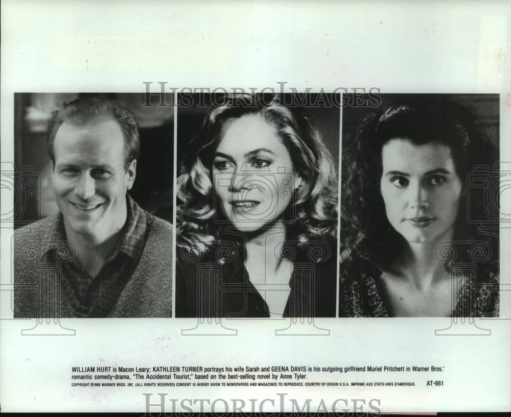 1988 Press Photo William Hurt, Kathleen Turner &amp; Geena Davis in movie scenes - Historic Images