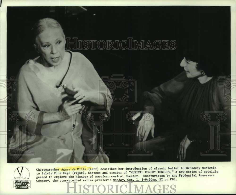 1979 Press Photo Agnes de Mille, Sylvia Fine Kaye on "Musical Comedy Tonight" - Historic Images