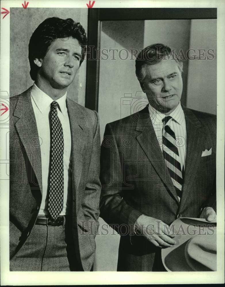 1986 Press Photo Larry Hagman, Patrick Duffy on &quot;Dallas&quot; - Historic Images