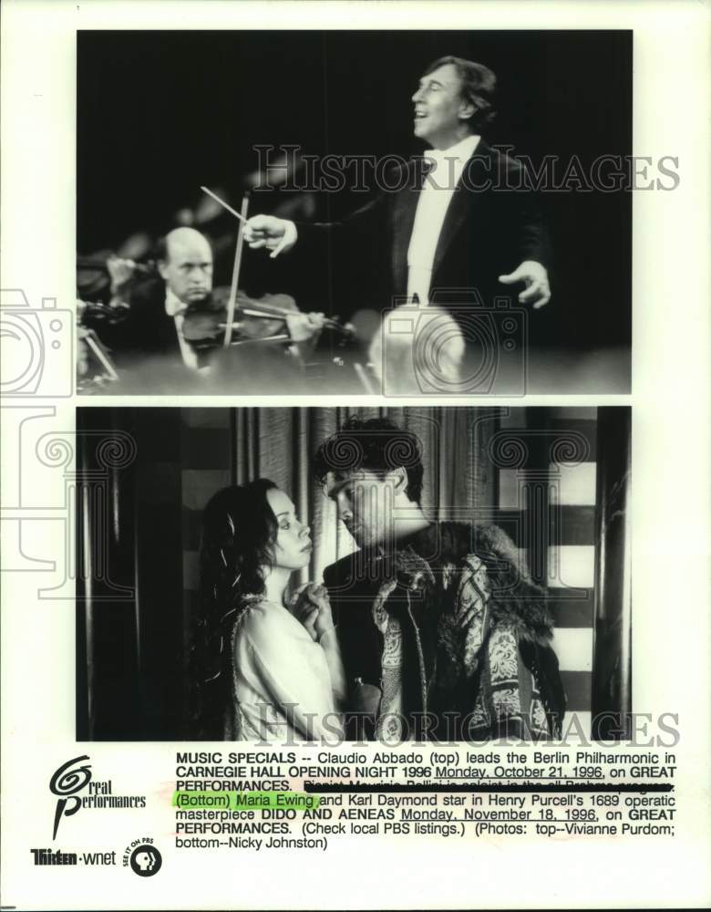 1996 Press Photo Claudio Abbado, Maria Ewing &amp; Karl Daymond in television scenes - Historic Images