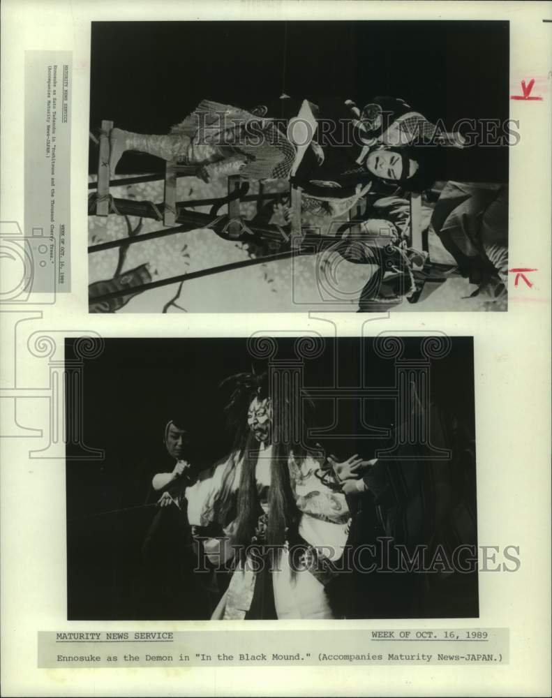 1989 Press Photo Actor Ennosuke in "In the Black Mound" & "Yoshitsune" - Historic Images