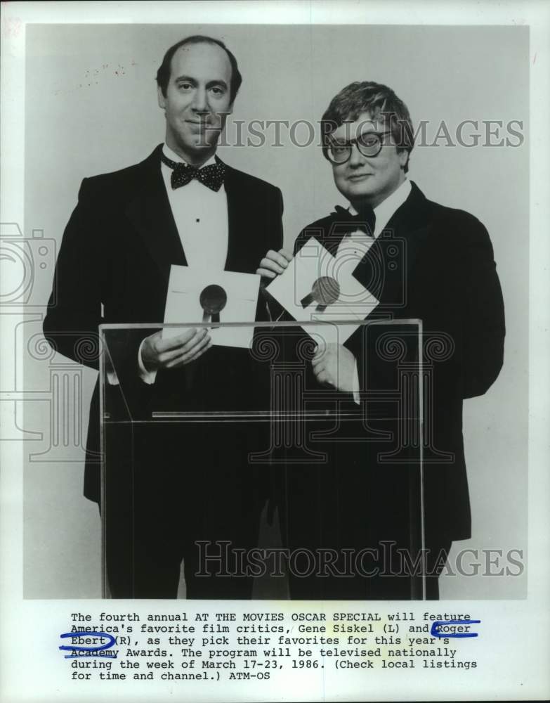 1986 Press Photo Gene Siskel, Roger Ebert in &quot;At the Movies Oscar Special&quot; - Historic Images