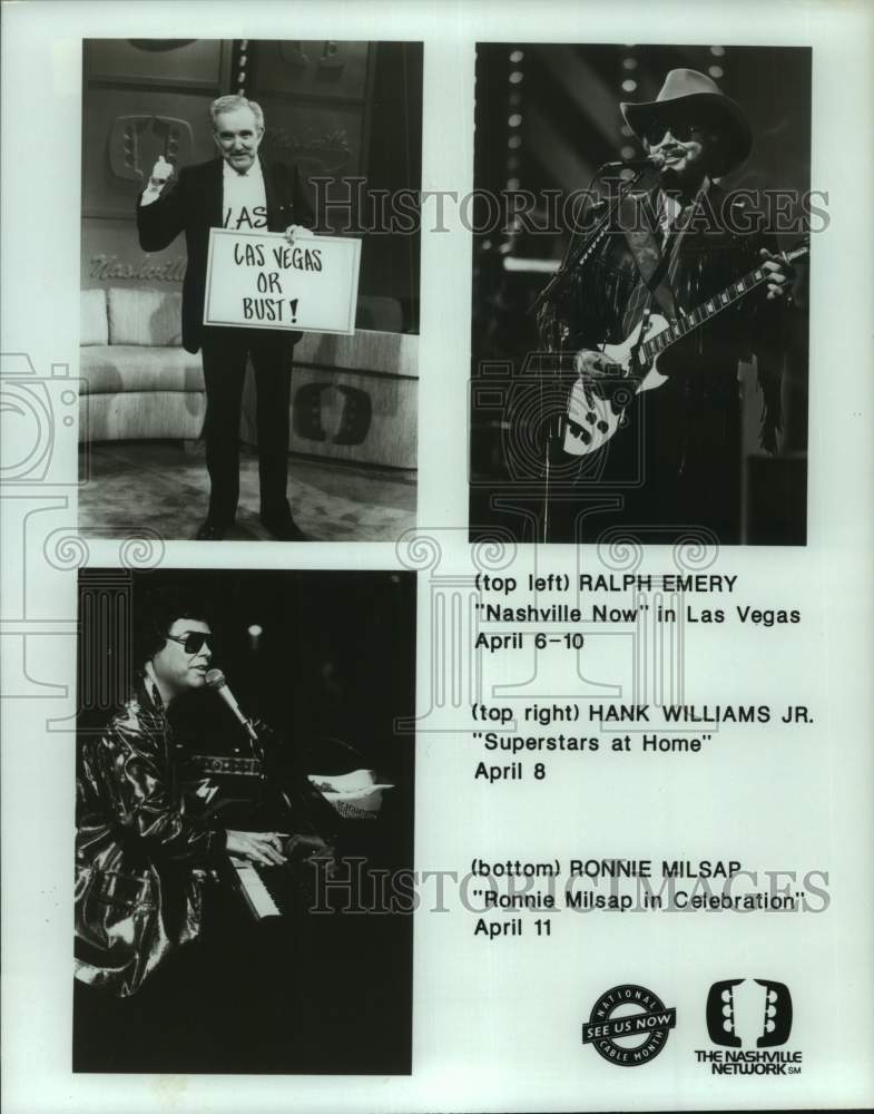 1987 Press Photo Ralph Emery, Hank Williams Jr., Ronnie Milsap on TNN - Historic Images