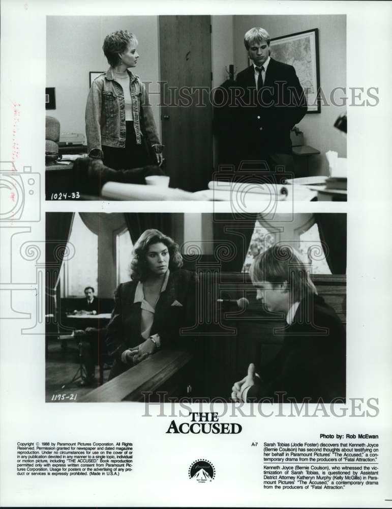 1988 Press Photo Jodie Foster, Bernie Coulson &amp; Kelly McGillis in &quot;The Accused&quot; - Historic Images