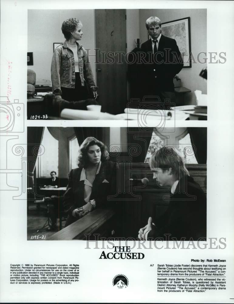 1988 Press Photo Jodie Foster, Bernie Coulson & Kelly McGillis in "The Accused" - Historic Images