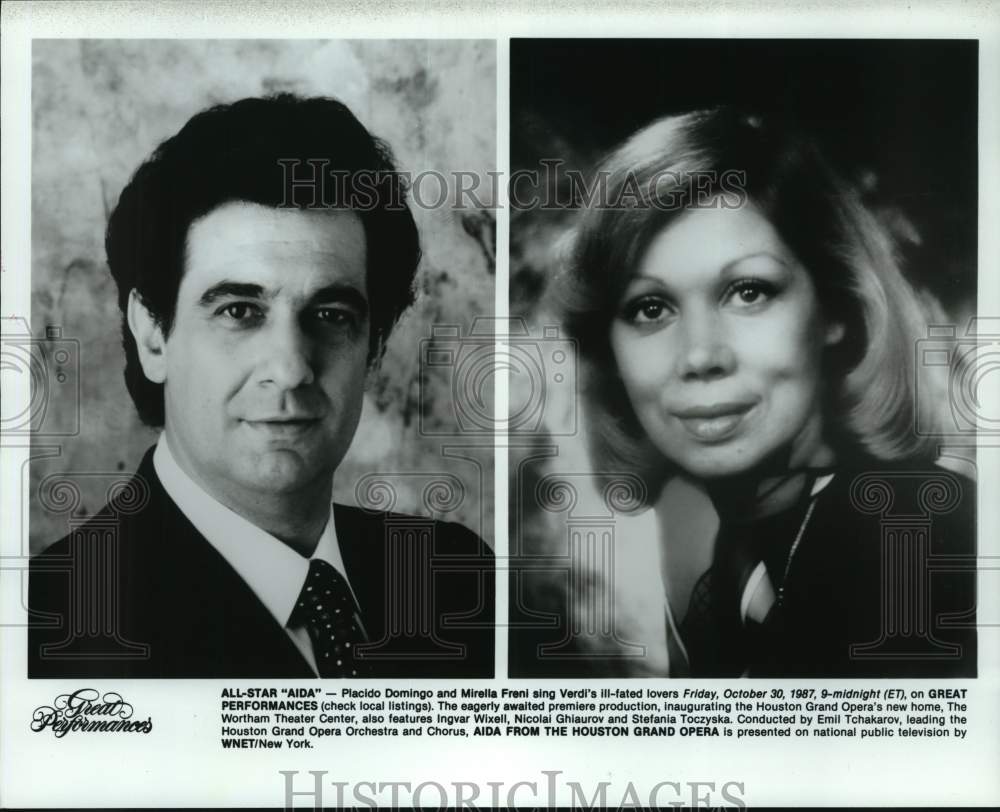 1987 Press Photo Opera singers Placido Domingo and Mirella Freni - Historic Images