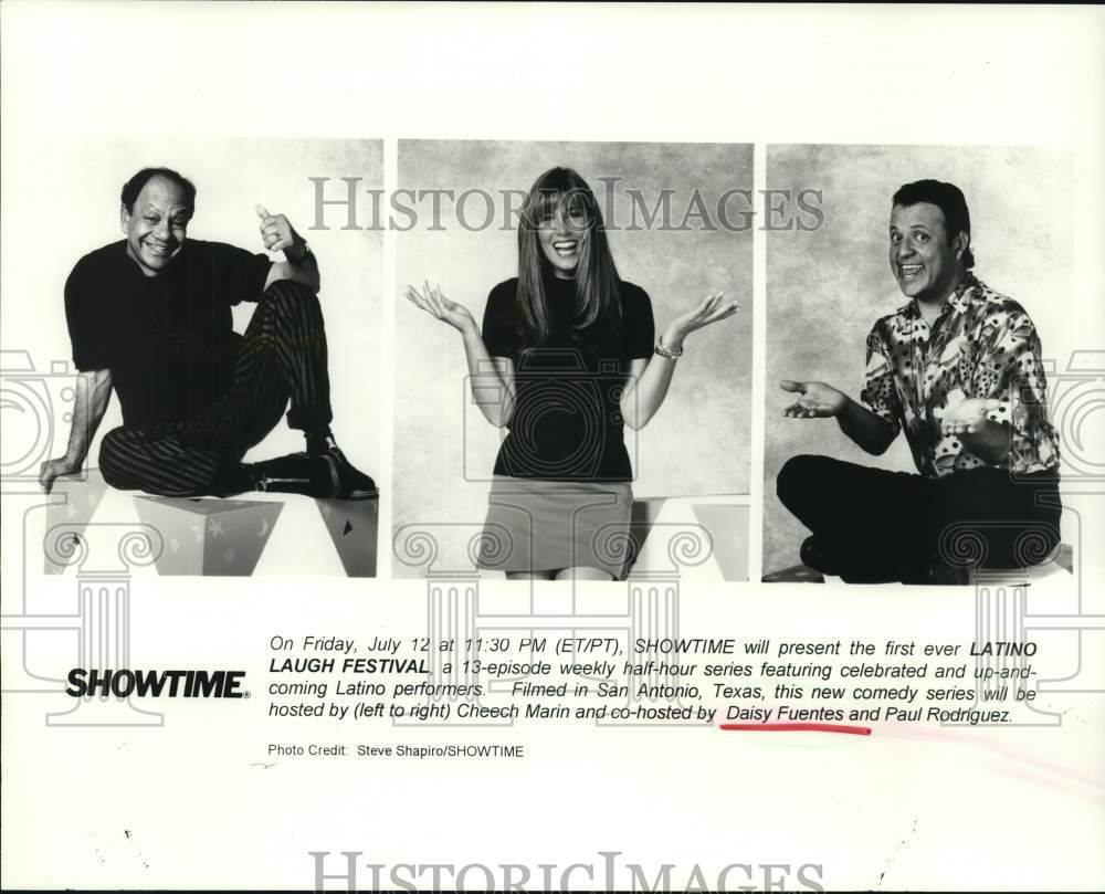 1996 Press Photo Talk show host Daisy Fuentes with Cheech Marin, Paul Rodriguez. - Historic Images