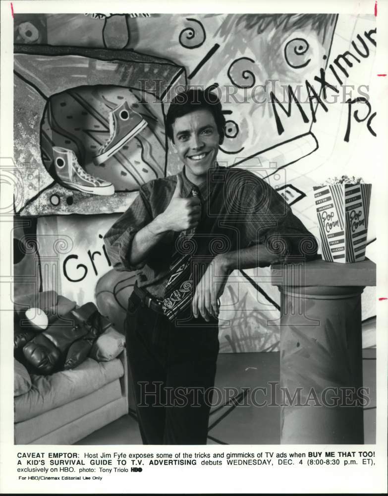 1991 Press Photo TV host Jim Fyfe in HBO&#39;s &quot;Buy Me That Too!&quot; - Historic Images