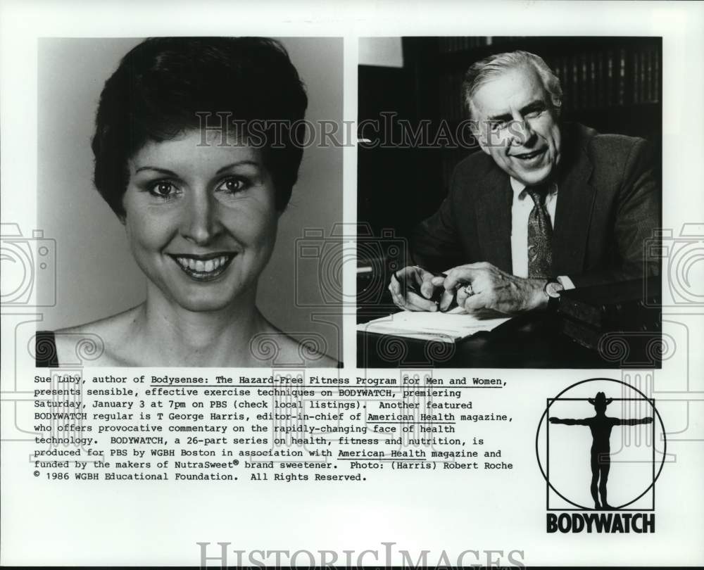 1986 Press Photo Sue Luby and T. George Harris on &quot;Bodywatch,&quot; on PBS. - Historic Images