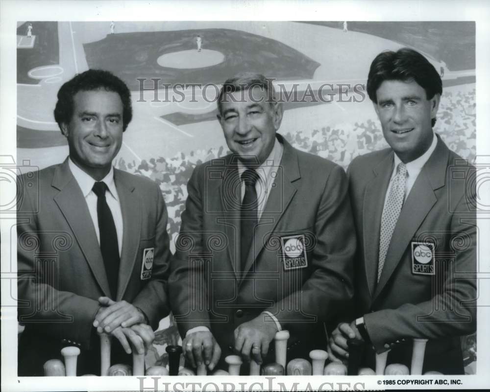 1985 Press Photo ABC Sportscasters Al Michaels, Howard Cosell and Jim Palmer - Historic Images
