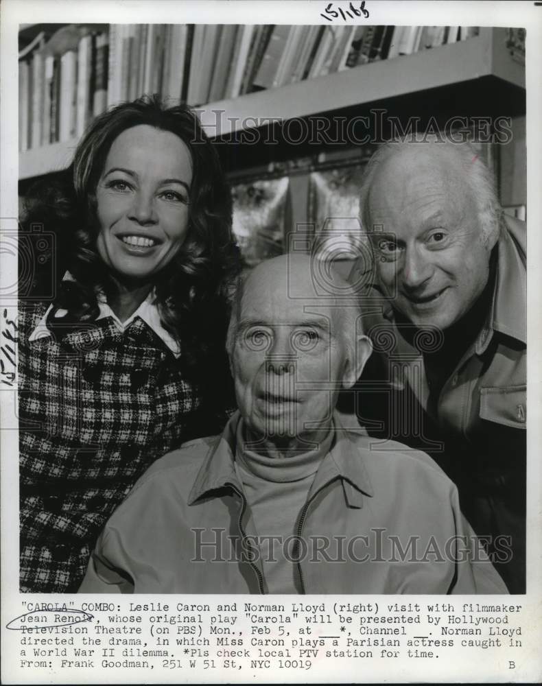 1973 Press Photo Filmmaker Jean Renoir with Leslie Caron &amp; Norman Lloyd - Historic Images