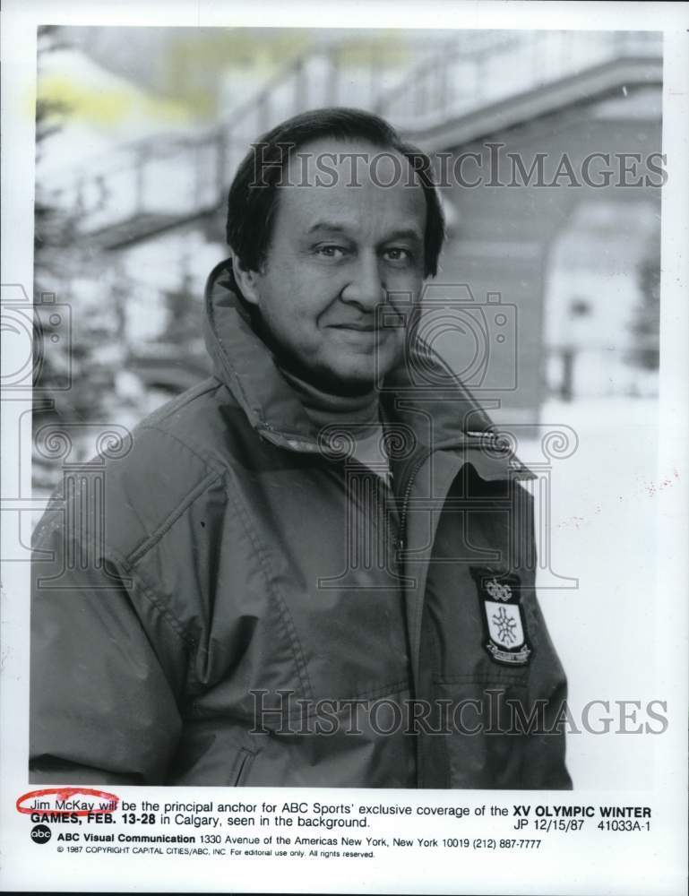 1987 Press Photo ABC Sportscaster Jim McKay in Calgary for XV Olympic Games - Historic Images