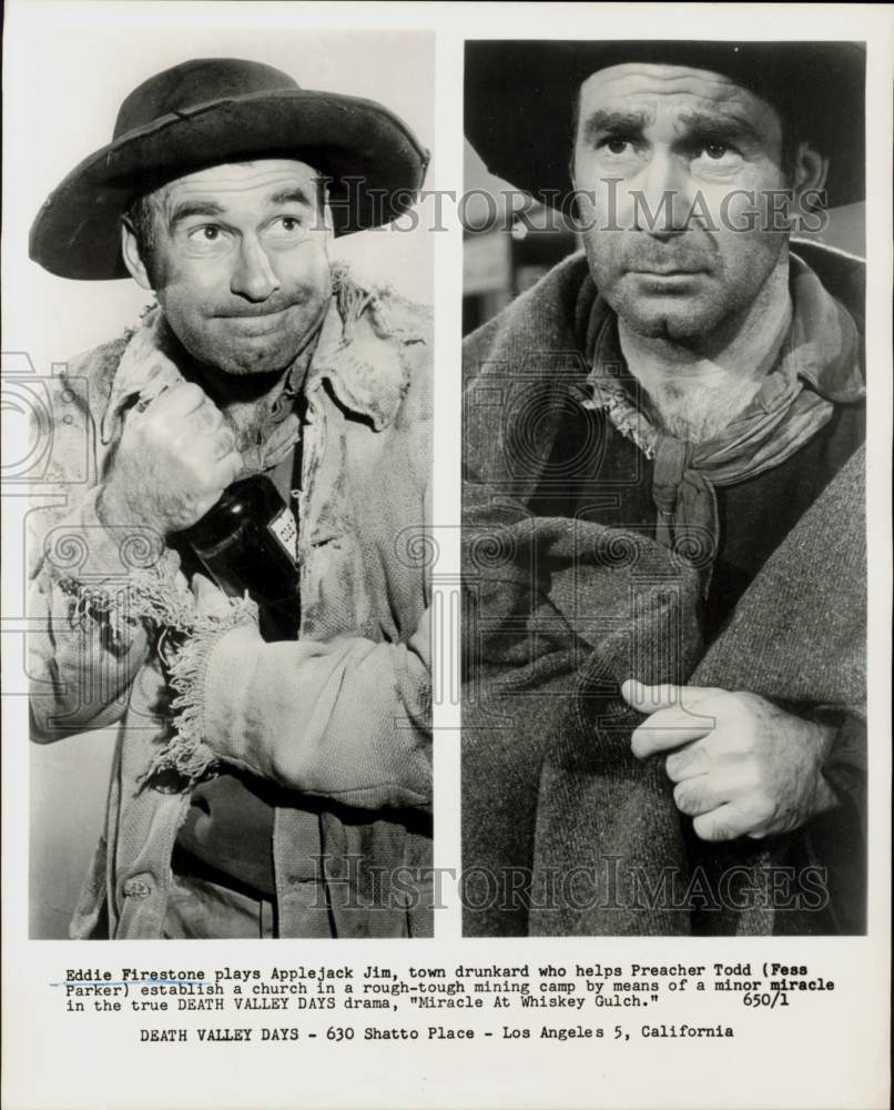 1962 Press Photo Actor Eddie Firestone, Fess Parker on &quot;Death Valley Days&quot;- Historic Images