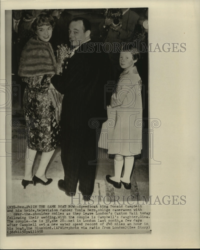 1958 Speedboat king Donald Campbell and Tonia Bern wed in London. - Historic Images