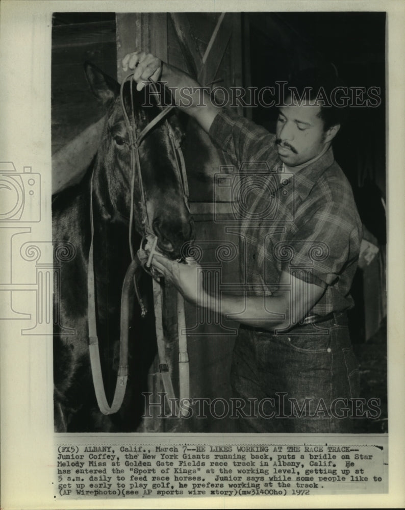 1972 New York Giants&#39; running back Junior Coffey working with horses - Historic Images