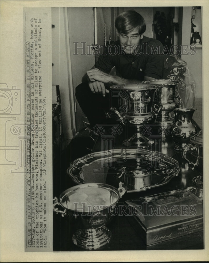 1969 Press Photo Amateur golfer Bruce Fleisher poses with trophies he's won - Historic Images