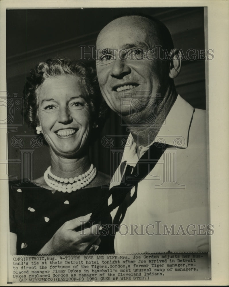 1960 New manager of Detroit Tigers, Joe Gordon's wife adjusts tie.-Historic Images
