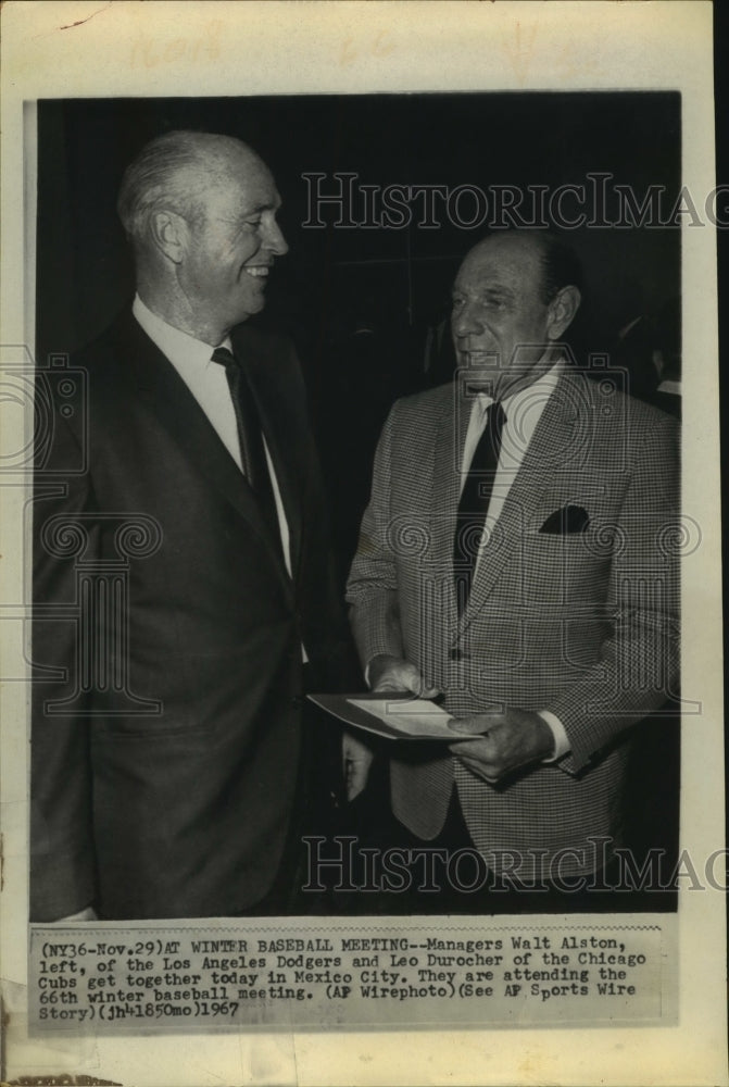 1967 Baseball managers Walt Alston and Leo Durocher chat at meeting. - Historic Images