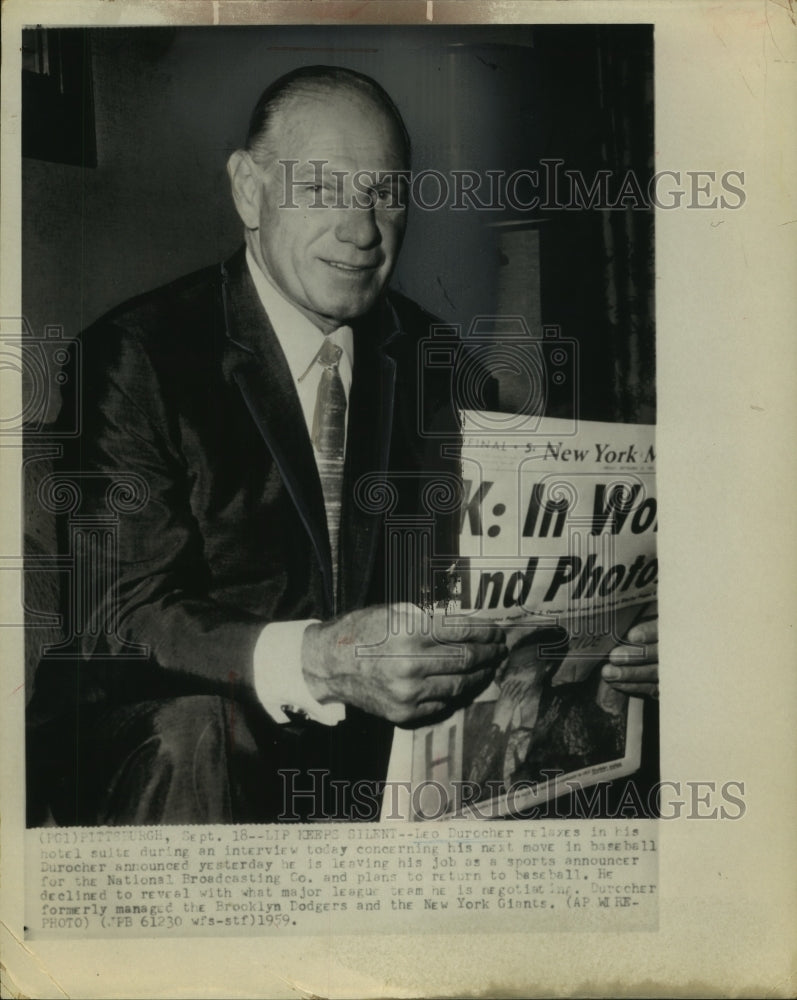 1959 Press Photo Leo Durocher announces he&#39;s leaving NBC; returning to baseball- Historic Images