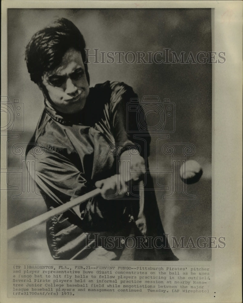 1971 Press Photo Pittsburgh Pirates pitcher Dave Giusti hits flies at practice - Historic Images