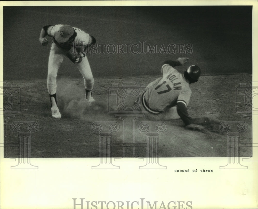 1981 Press Photo Nolan slides safely into second base in Houston Astros' game. - Historic Images