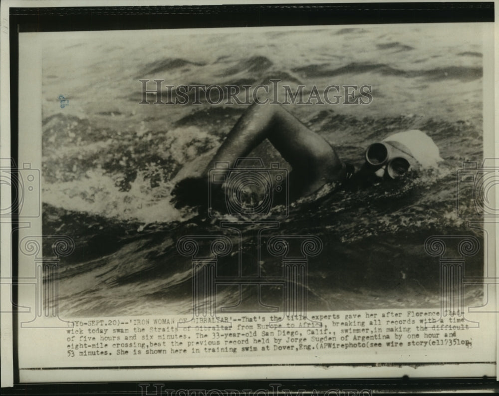 1953 Press Photo Florence Chadwick trains for swim from Europe to Africa in UK.- Historic Images