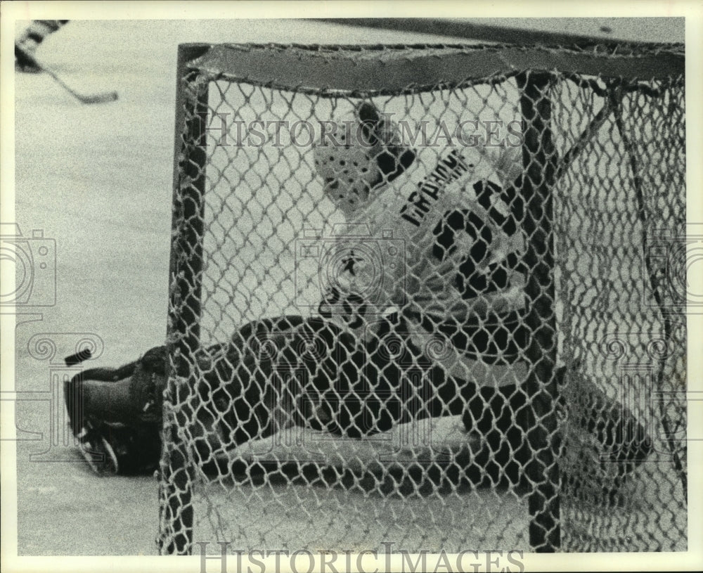 1975 Press Photo Houston Aeros&#39; goaltender Ron Grahame stops a shot on goal. - Historic Images