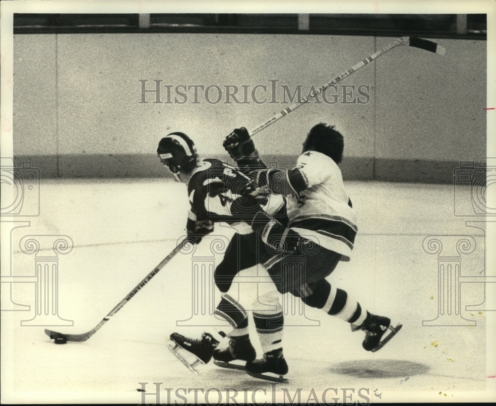 1976 Press Photo Houston Aeros&#39; hockey player collides with an opponent on ice. - Historic Images