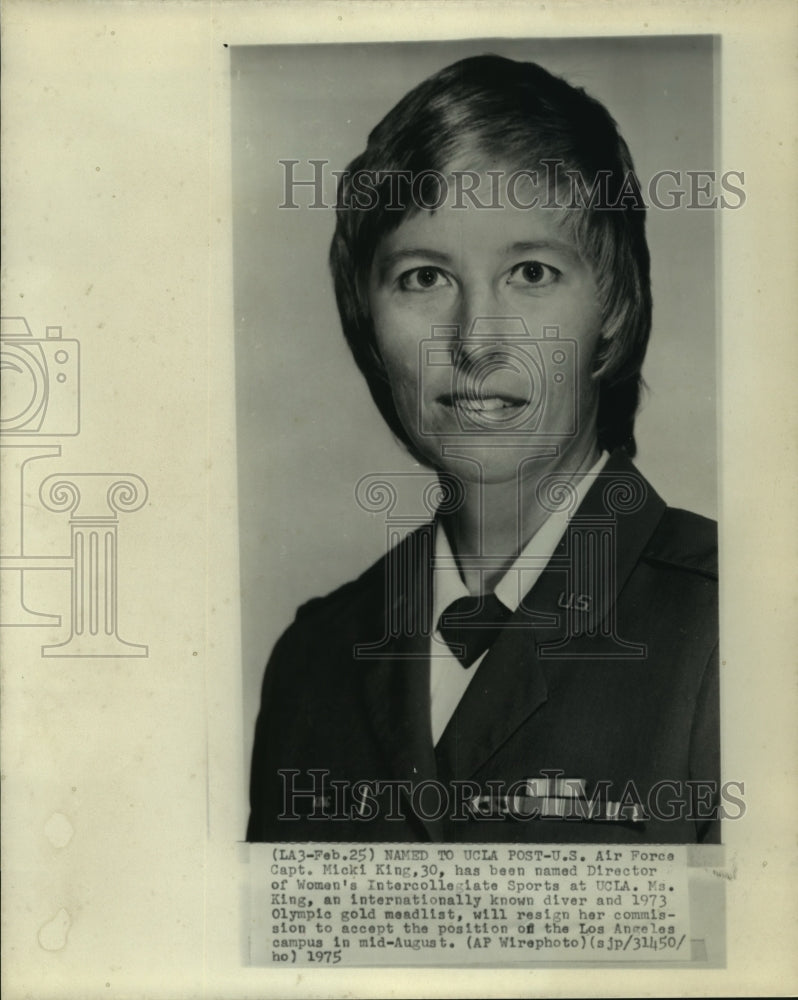1975 Press Photo Air Force Capt. Micki King, new women's sports director at UCLA - Historic Images