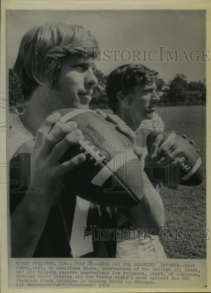 1973 Press Photo NCAA All-Star quarterbacks, Jones &amp; Ferguson prepare for Miami - Historic Images