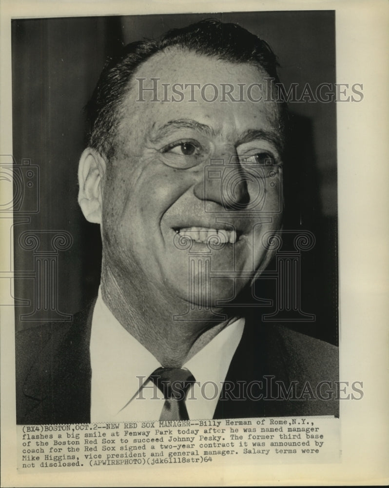 1964 Press Photo Billy Herman named new manager of the Boston Red Sox in Boston. - Historic Images