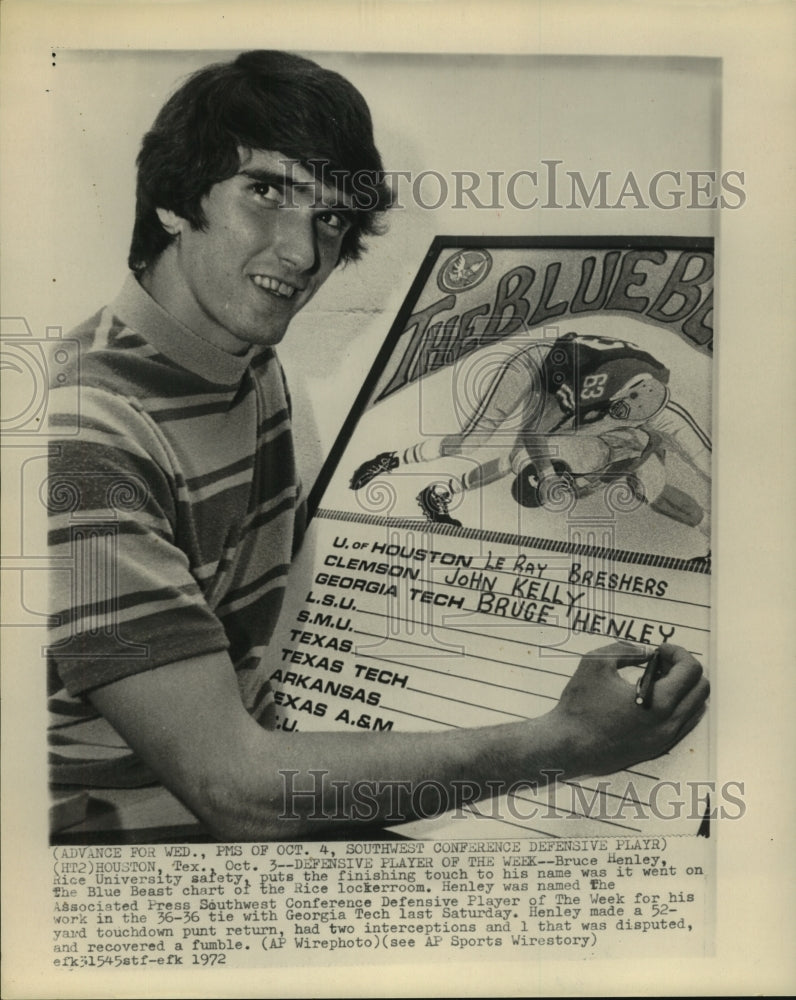 1972 Rice Universty's Bruce Henley is Defensive Player of the Week. - Historic Images