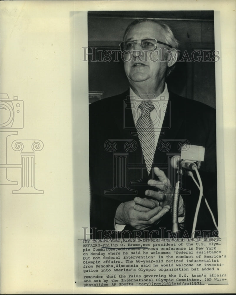 1973 Press Photo New U.S. Olympic Committee president, Philip O. Krumm. - Historic Images