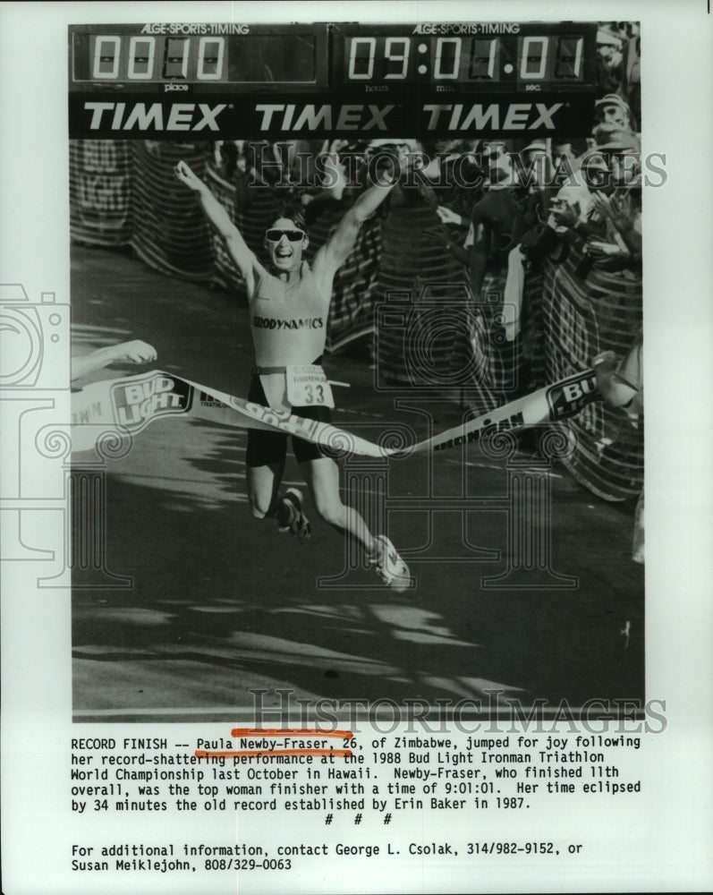 1989 Press Photo Paula Newby-Fraser of Zimbabwe sets record in Bud Light Ironman - Historic Images