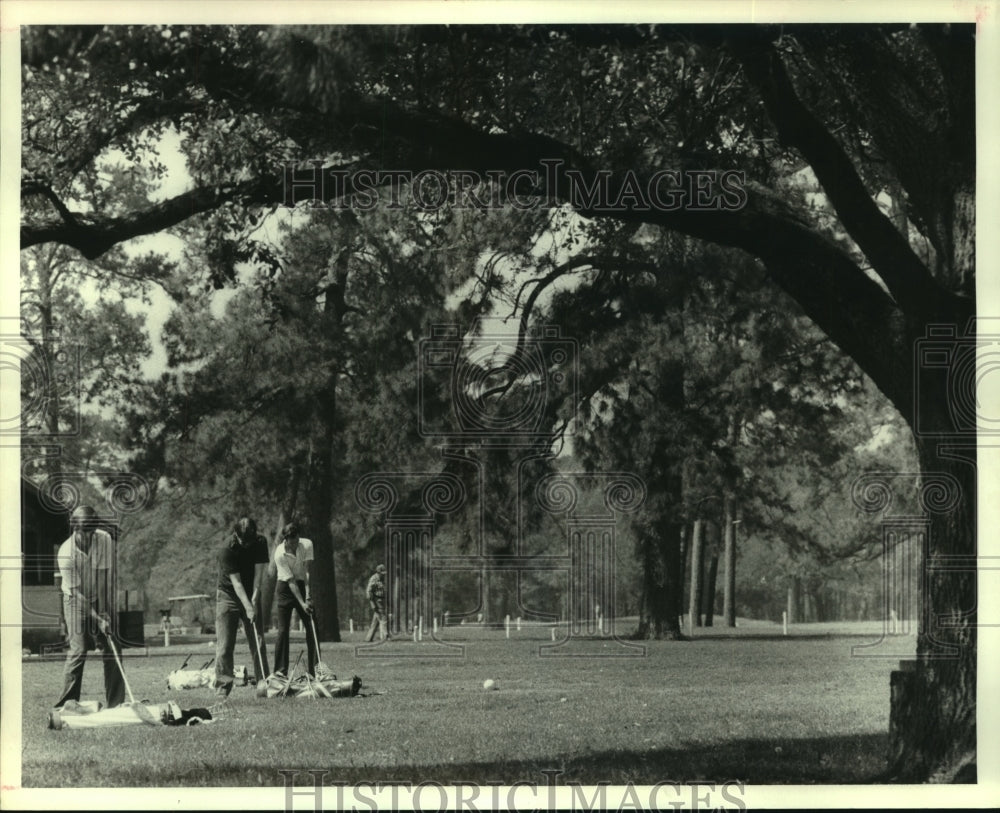 1980 Press Photo Three golfers practice at Memorial Park driving range ...