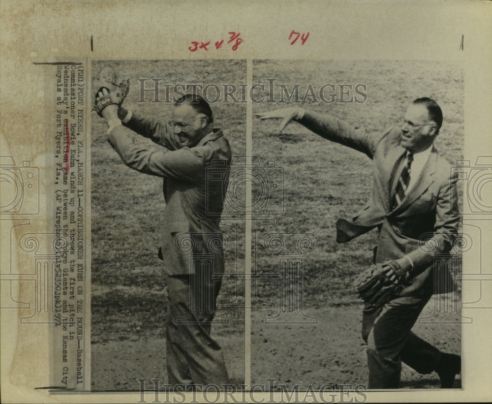 1971 Press Photo Baseball Commissioner Bowie Kuhn throws first exhibition pitch. - Historic Images