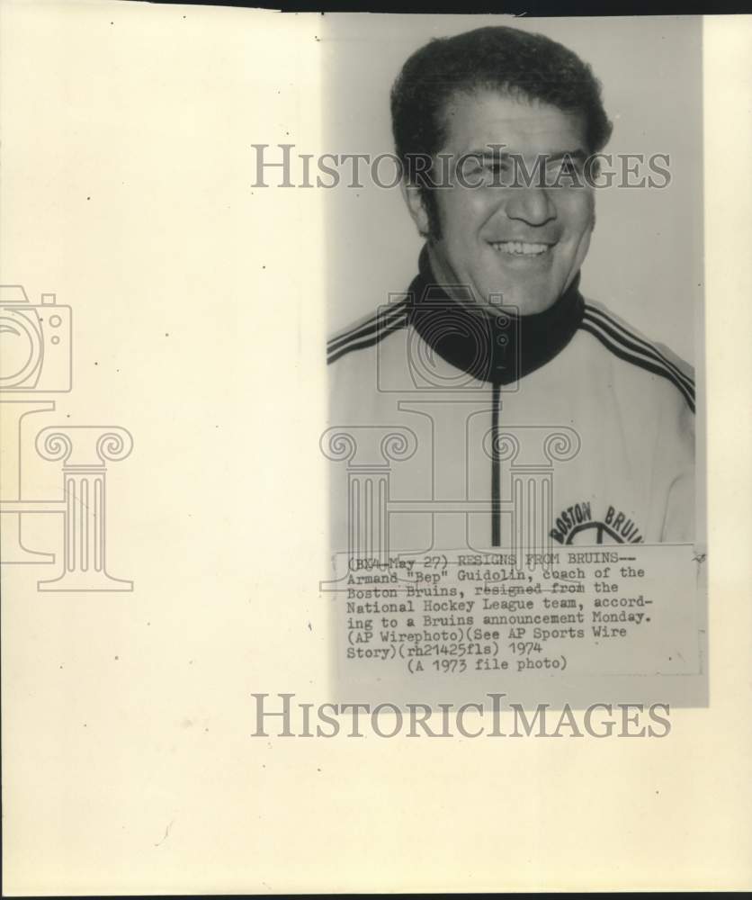 1973 Press Photo Armand &quot;Bep&quot; Guidolin, coach of the Boston Bruins hockey team- Historic Images