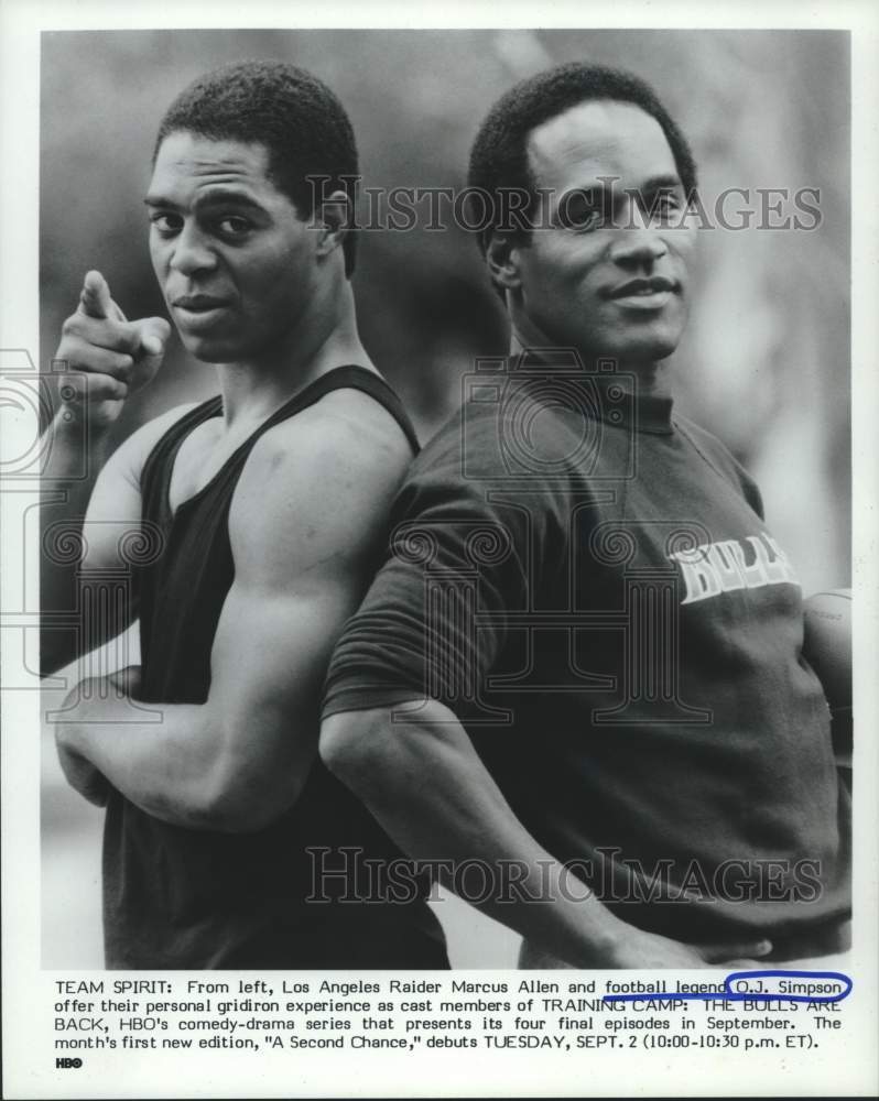 1986 Press Photo Marcus Allen and O.J. Simpson in HBO&#39;s &quot;Training Camp&quot; series- Historic Images