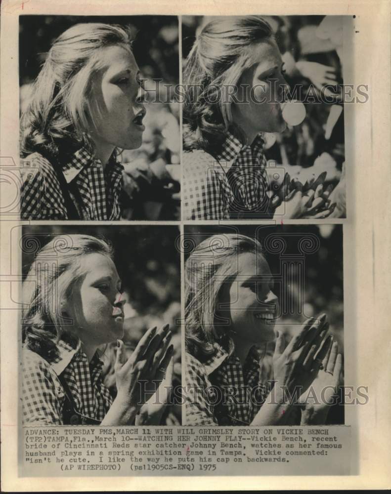 1975 Press Photo Reds catcher Johnny Bench's wife Vickie watches his game, Tampa - Historic Images