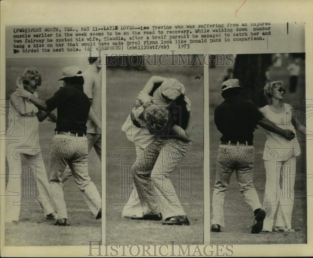1973 Press Photo Golfer Lee Trevino kisses wife, Claudia, during round in TX.- Historic Images