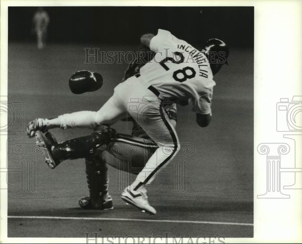 1992 Astros' Pete Incaviglia barrels into Reds' catcher Joe Oliver. - Historic Images