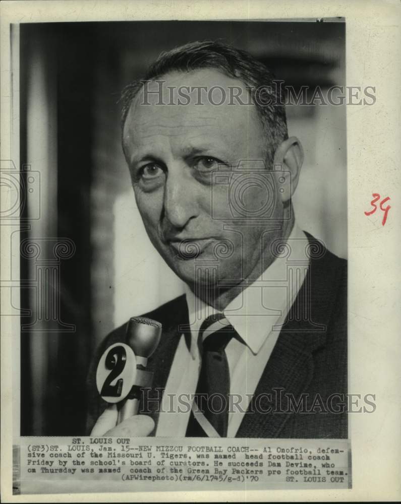 1970 Al Onofrio named head football coach at Missouri University. - Historic Images