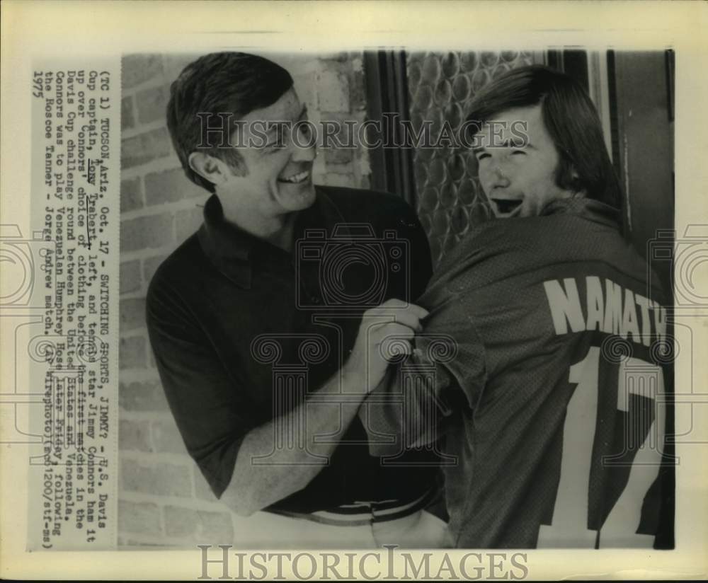 1975 Davis Cup captain Tony Trabert and Jimmy Connors ham it up. - Historic Images