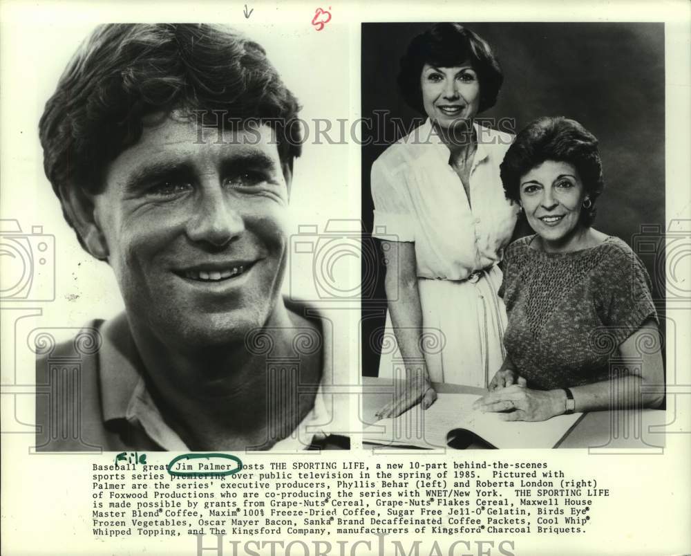 1985 &quot;The Sporting Life&quot; host Jim Palmer &amp; producers Behar &amp; London. - Historic Images