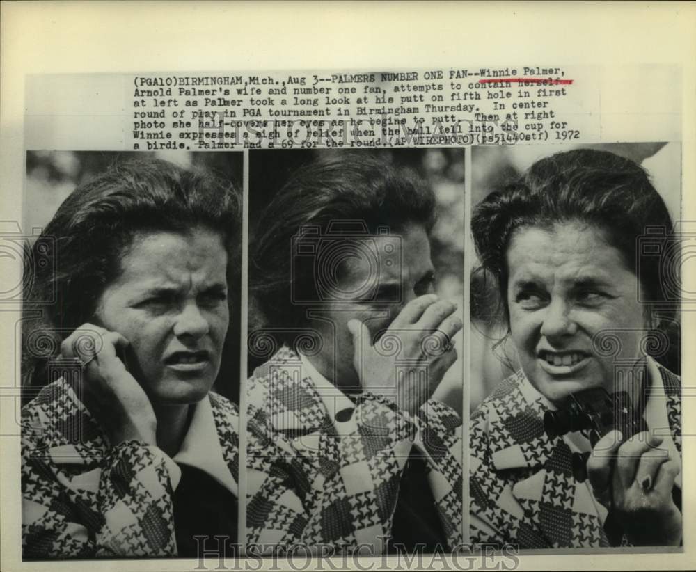 1972 Winnie Palmer shows emotions as husband Arnold putts for birdie - Historic Images