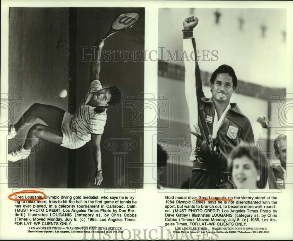 1985 Gold medal diver Greg Louganis on tennis court &amp; victory stand - Historic Images