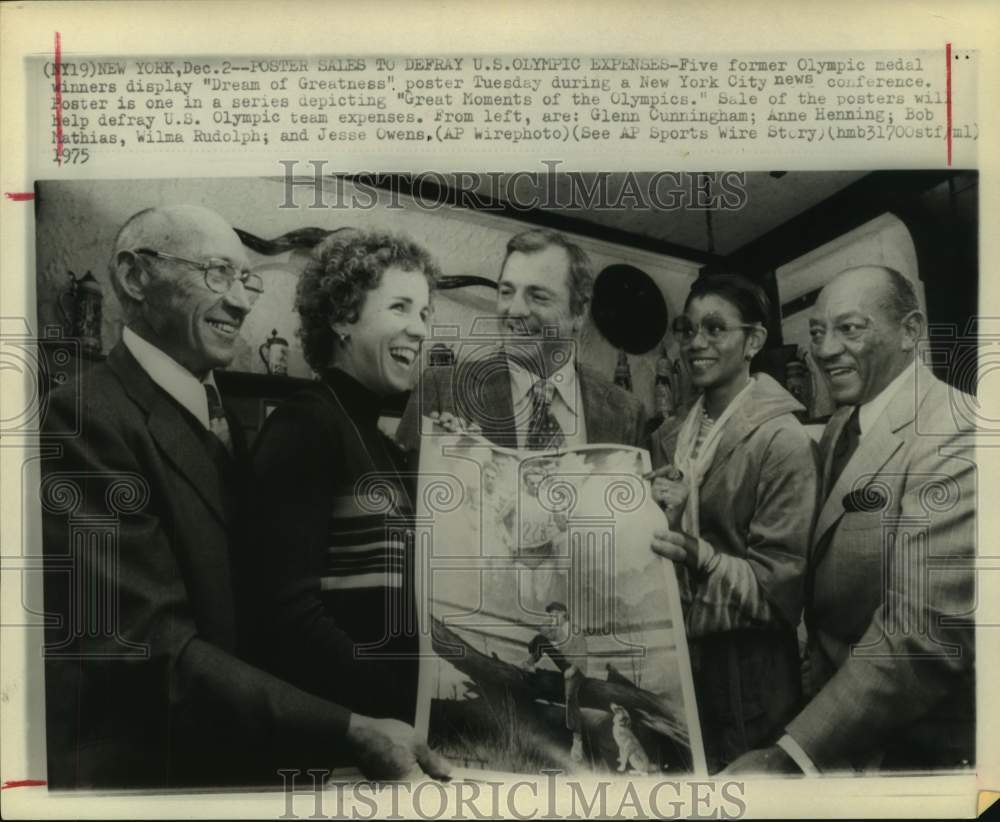 1975 Five former Olympic champions hold poster for team fundraising - Historic Images